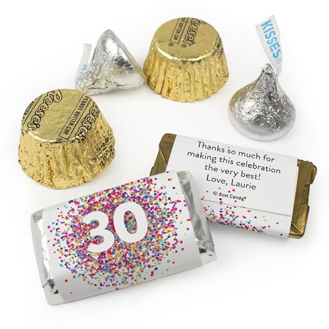 200pcs Personalized Birthday Candy Kit Party Favors for Guests Candy Buffet Supplies (Custom Wrapped Miniatures Kisses Peanut Butter Cups) - All Ages - Confetti