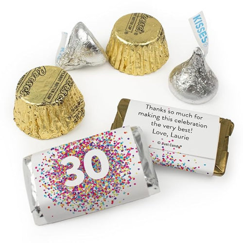 200pcs Personalized Birthday Candy Kit Party Favors for Guests Candy Buffet Supplies (Custom Wrapped Miniatures Kisses Peanut Butter Cups) - All Ages - Confetti