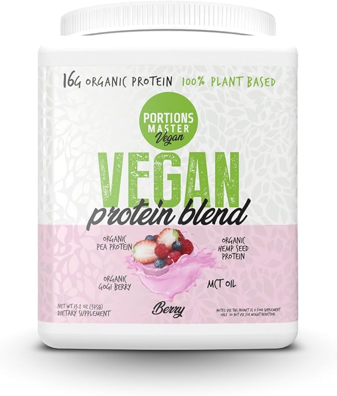Portions Master Vegan Protein Blend Complete Plant Based Protein Powder with Pea Hemp Seed Goji Blend Medium Chain Triglycerides (375g Berry)