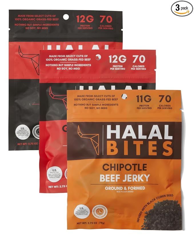 Mixed Flavor 3-Pack (Bulk Size) Halal Bites Ghost Pepper Flavor Beef Jerky Original Ghost Pepper + Chipotle Flavors Organic Grass-Fed Beef Naturally Smoked Infused with Honey &amp Black Cumin Se