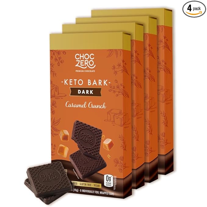 ChocZero Dark Chocolate Caramel Crunch Bark Sugar Free Vegan Low Carb High Fiber Keto Friendly No Sugar Alcohols (4 Count 3.2oz Boxes)