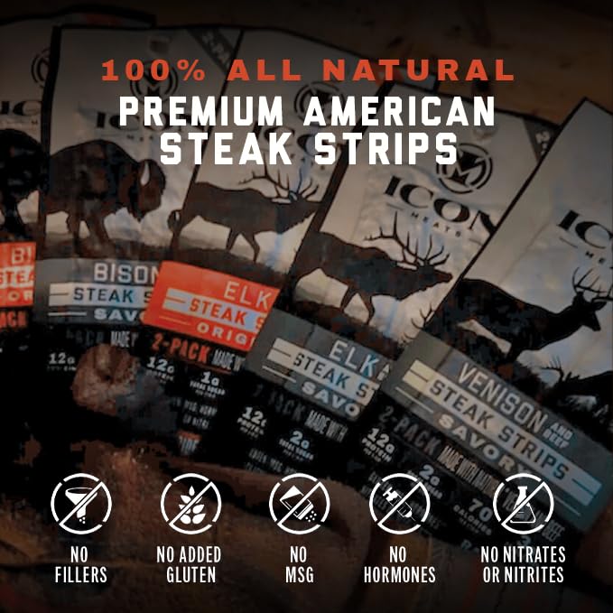 ICON Meats Elk and Beef Jerky Steak Strips Savory Flavor 8 High Protein Snacks Packs 2 Strips per Pack Low Sugar Gluten Free Natural USDA Inspected Made in the USA Gifts for Him