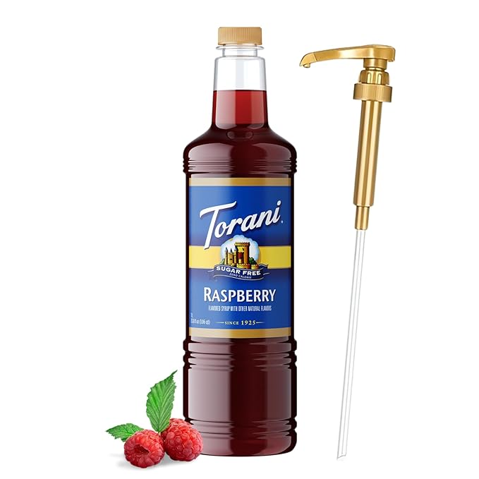 Torani Sugar Free Raspberry Syrup 1 Liter Bottle with Pump Dispenser – Zero Sugar Zero Calories Keto Friendly Gluten Free Sweet &amp Tart Raspberry Flavor for Coffee Lemonade Cocktails &amp Mor