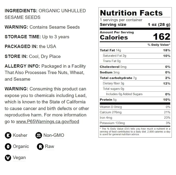 Food to Live Organic Unhulled Sesame Seeds 16 Pounds — Non-GMO Whole Natural Raw White Sesame Seeds Kosher Vegan Bulk Rich in Dietary Fiber Protein &amp Iron. Crunchy Texture. Great for Bakin