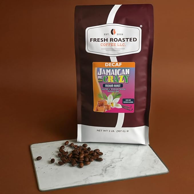 Fresh Roasted Coffee Decaf Jamaican Me Crazy Flavored Coffee 2 lb (32 oz) Medium Roast Kosher Ground