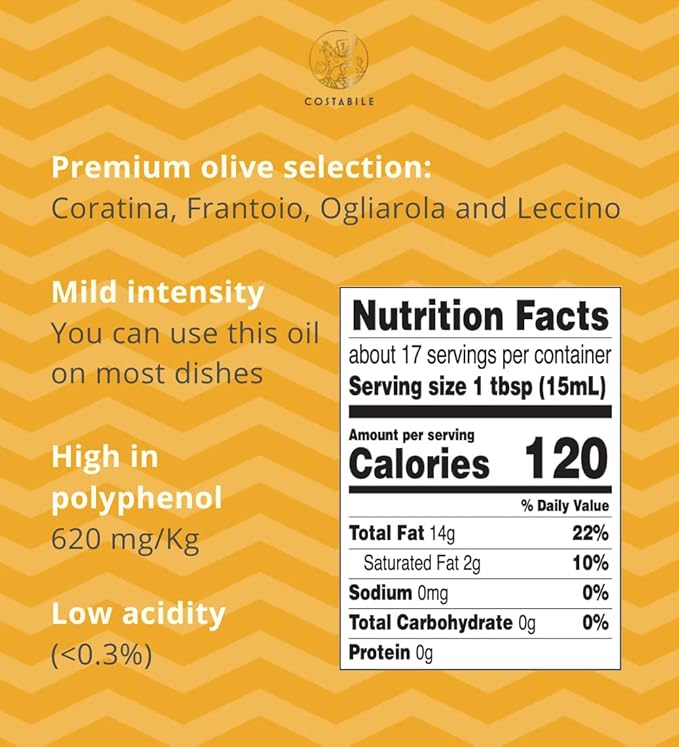 Classic Blend Polyphenol Rich Olive Oil and Orange Infused EVOO. For healthy everyday cooking and for gourmet food - COSTABILE
