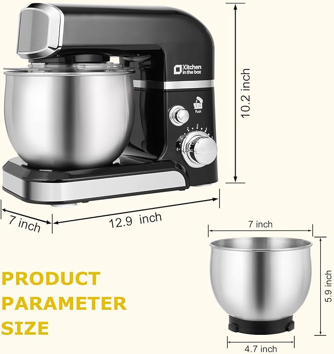 Kitchen in the box Stand Mixer3.2Qt Small Electric Food Mixer6 Speeds Portable Lightweight Kitchen Mixer for Daily Use with Egg WhiskDough HookFlat Beater (Black)