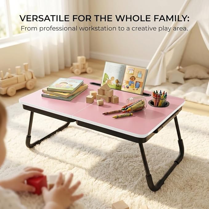 BUYIFY Foldable Laptop Bed Desk for Couch Sofa - Large Lap Desk Tray Table with Cup Holder and Tablet Slot - Portable Notebook Stand for Eating Writing Studying and WFH (Pink)