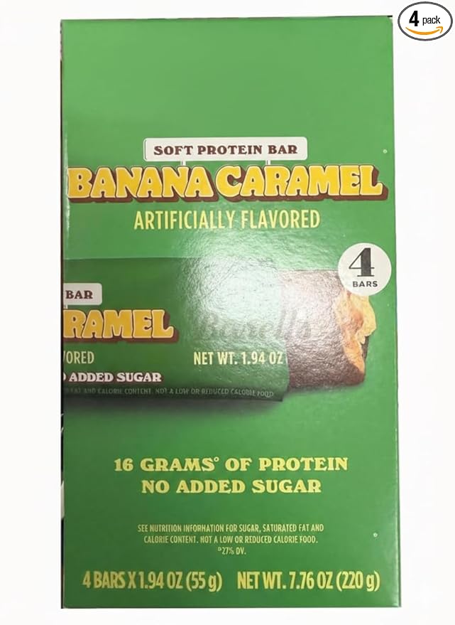 Barebels Soft Protein Bar Banana Caramel - 16g High Protein No Added Sugar Low Sugar Fluffy Chocolate Snack Bars Banana Caramel Filling On-the-Go Breakfast &amp Post-Workout (Pack of 4 Bars 55g