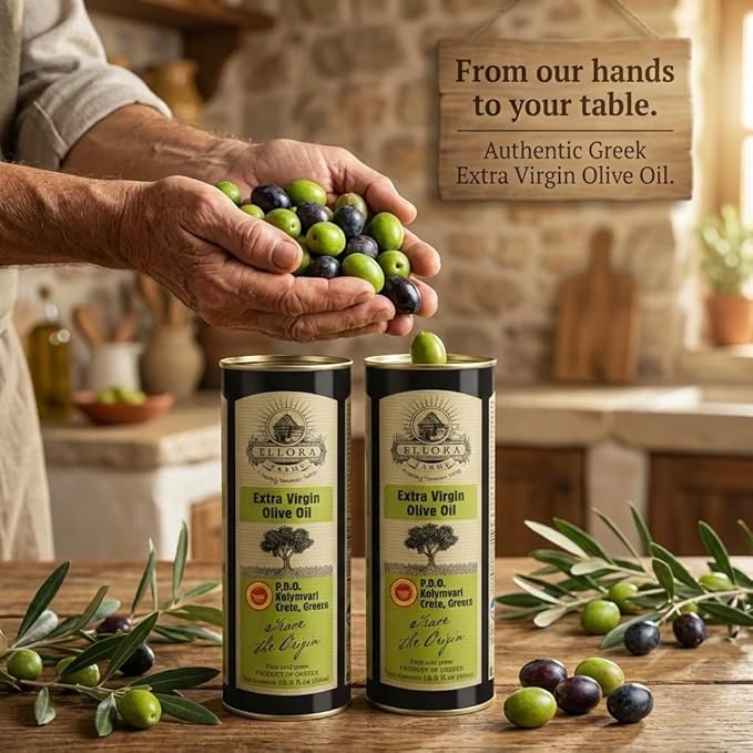 Ellora Farms Certified Extra Virgin Olive Oil Single Estate PDO Crete Traceable Greek EVOO Greece High in Phenols Kosher 16.9 Fl Oz Tin