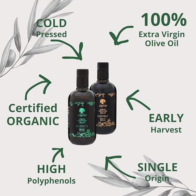 Zeytin Olive Oils Extra Virgin - Early Harvest Bottled in May 2024 - Awarded Brand - Custom Premium Gift Box - Cold Pressed Olive Oil for Cooking Soup &amp More - Perfect Vegan &amp Keto (2 x 16.9