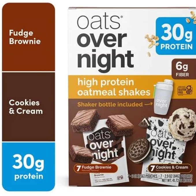 Oats Overnight Variety Pack 30g Protein Oatmeal Shake Cookies &amp Cream &amp Fudge Brownie High Protein Breakfast Drink Mix Just Add Milk 14 Pack + Shaker Bottle Included