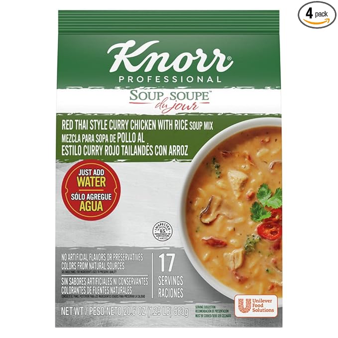 Knorr Professional Soup du Jour Red Thai Style Curry Chicken with Rice Soup Mix Gluten Free No added MSG 0g Trans Fat per Serving Just Add Water 20.6 Oz Pack of 4
