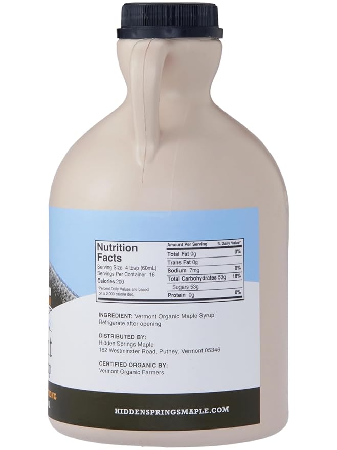 HIDDEN SPRINGS MAPLE 100% Organic Vermont Maple Syrup Grade A Very Dark Robust 32 Ounce 1 Quart Family Farms BPA-free Jug