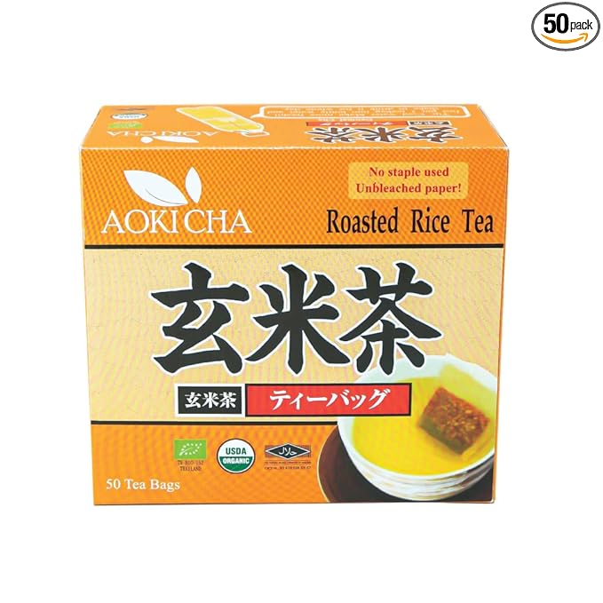 Suwirun Aoki Cha Organic Genmaicha 50 Bags – Roasted Rice &amp Green Tea Blend – Nutty Toasty Aroma Low Caffeine – Eco-Friendly Unbleached Tea Bags for Hot &amp Cold Brew