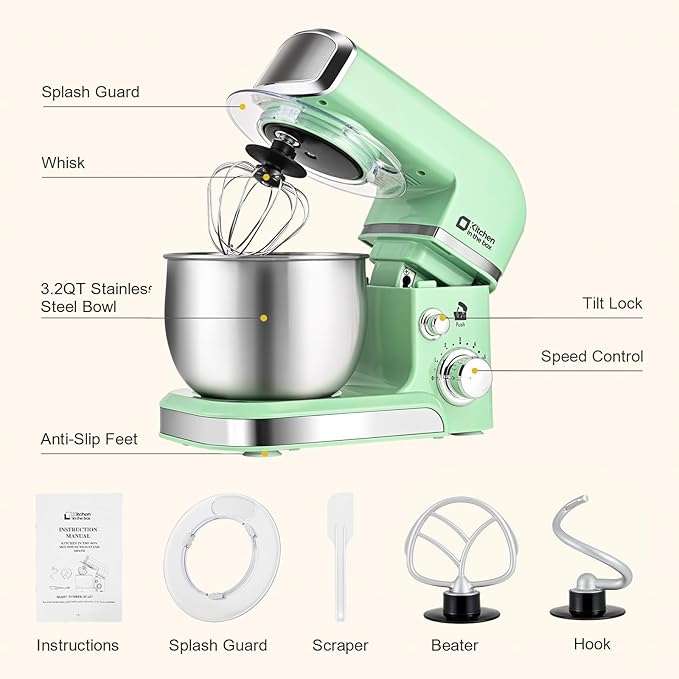 Kitchen in the box Stand Mixer3.2Qt Mini Electric Food Mixer6 Speeds Portable Lightweight Kitchen Mixer for Daily Use with Egg WhiskDough HookFlat Beater (Green)