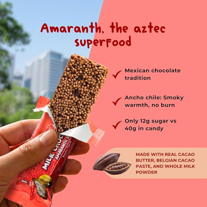 Nutriwell Belgian Milk Chocolate Bar with Amaranth &amp Ancho Chile Pepper – Smoky Taste Mexican Chocolate Ancient Superfood Grain Crunchy Texture (12 Count)