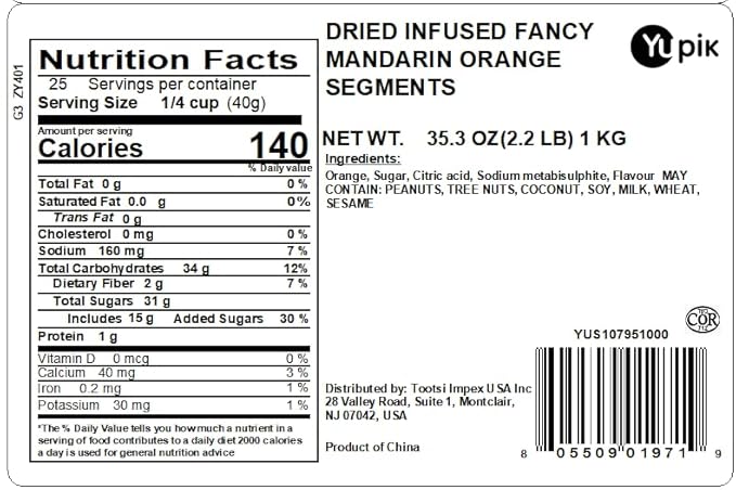 Yupik Dried Infused Fancy Mandarin Orange Segments 2.2 lb (35.2 oz) Dried Fruit Snack On the Go Tangy &amp Chewy Snacks Tangerine Wedges Fruity Topping &amp Inclusion