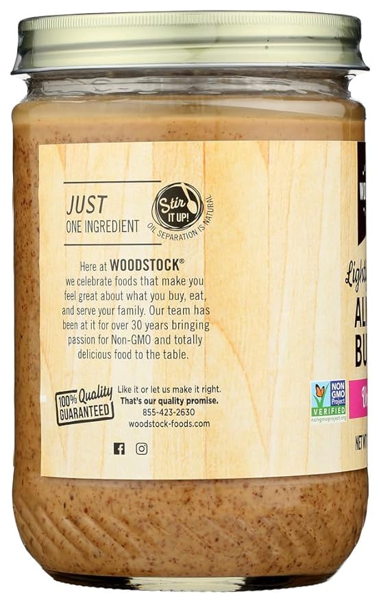 Woodstock Almond Butter - Lightly Toasted - Unsalted - Case of 12 - 16 oz.