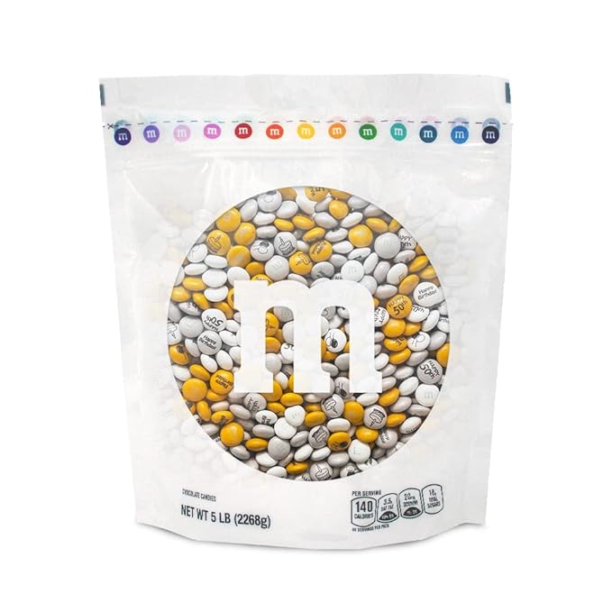 M&ampM'S Milk Chocolate Happy 50th Birthday Candy - 5lb of Bulk Candy with Printed Birthday Clipart Perfect for Birthday Gifts Cupcakes Over The Hill Party Favors Birthday Cake Toppers and Party