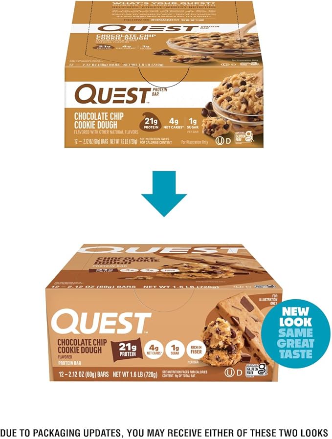 Quest Nutrition Chocolate Chip Cookie Dough Protein Bars High Protein Low Carb Gluten Free Keto Friendly 12 Count