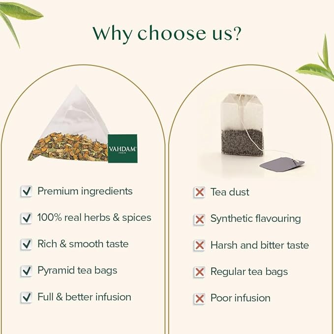 VAHDAM Vedic Kadha Herbal Tea Bags (100 Ct) Caffeine Free 100% Real Ingredients - Turmeric Black Pepper Amla Tulsi Ginger Cloves | Pure Herbal Tisane - Earthy Savory | Resealable Ziplock Pouch