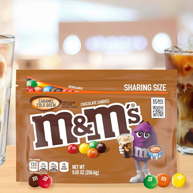M&ampM'S Caramel Cold Brew Chocolate Candy Sharing Size 9.05 oz Resealable Bag (Pack of 16)