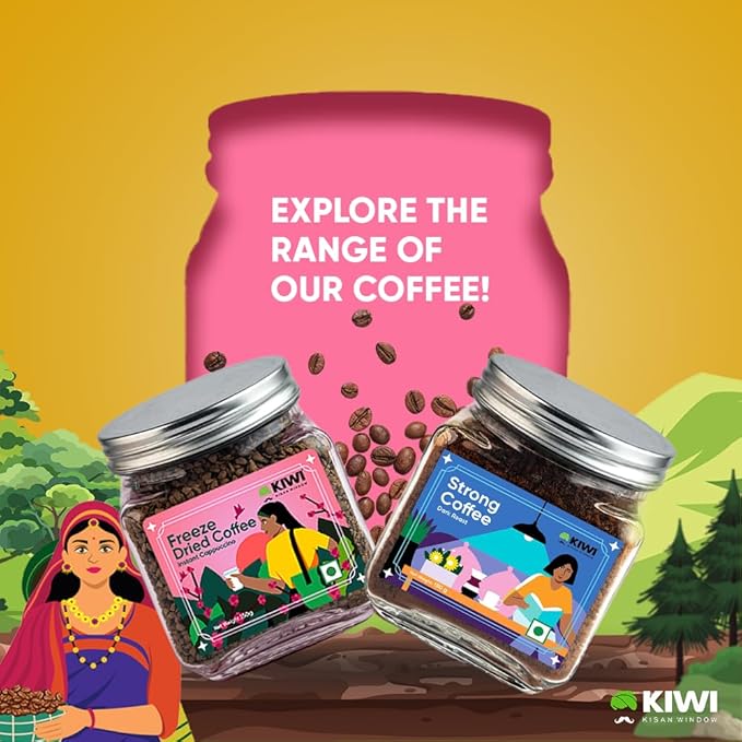 Kiwi Kisan Window - Freeze Dried Instant Coffee150gm (80+ Cups) | 100% Arabica Beans | Bold &amp Rich Taste | No Chicory - No Preservatives | Perfect for Hot &amp Cold Coffee