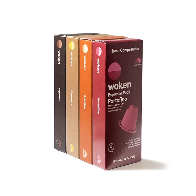 WOKEN COFFEE Compostable Pods | Variety Pack | Roasted in USA | Compatible With Nespresso Original Machines | Rich Aroma Smooth Taste Eco-Friendly Biodegradable Coffee Capsules | 40 Pods (4 Boxes)