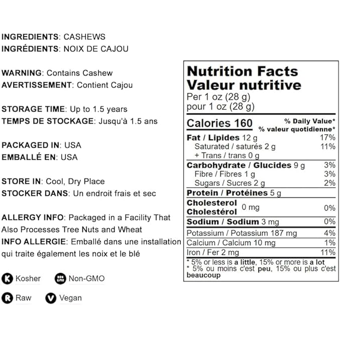Food to Live - Raw Cashews 10 Pounds Non-GMO Verified Deluxe Whole Nuts Unsalted Unroasted Fancy Snack Size W-320 Kosher Vegan Bulk A good source of Magnesium Phosphorus.