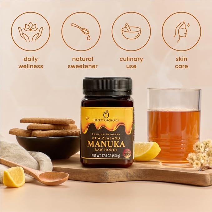 Liberty Orchards Premium Manuka Raw Honey MGO 300+ by New Zealand Non-GMO Gluten Free Daily Wellness Support Natural Sweetness HONEY Plant-Based 500g(17.6 oz)
