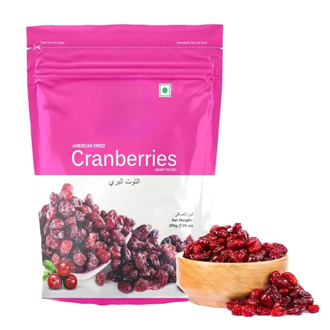 Generic Dried Cranberries Gluten Free Antioxidants Vitamin &amp Dietary Fiber Rich Pack of Unsulfured Ready to Eat Dry Cranberries - 200g