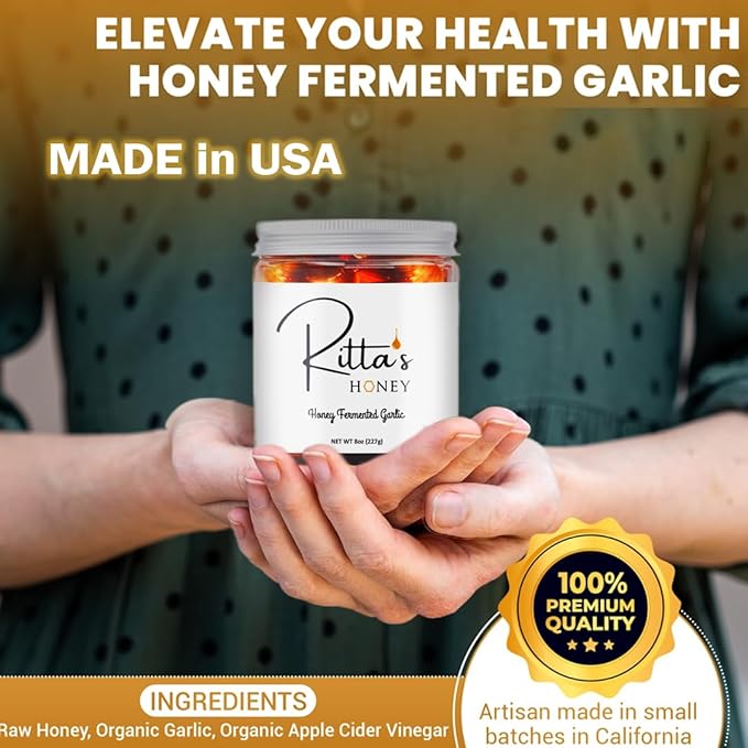 Ritta's Honey Fermented Garlic Honey to Enhance Meals and Overall Wellness. 100% Pure Nutrient Rich Raw California Wild Flower Honey with Organic Fermented Garlic Cloves