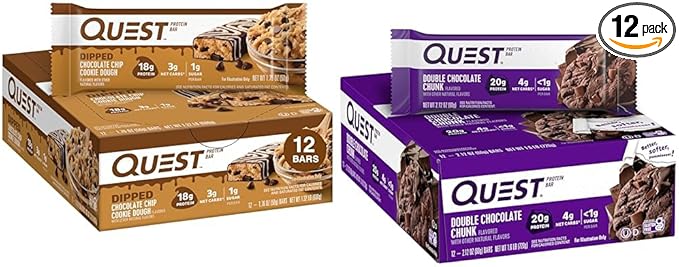 Quest Nutrition Dipped Chocolate Chip Cookie Dough Protein Bars 1.76 Oz 12 Ct &amp Double Chocolate Chunk Protein Bars High Protein Low Carb Gluten Free Keto Friendly 12 Count