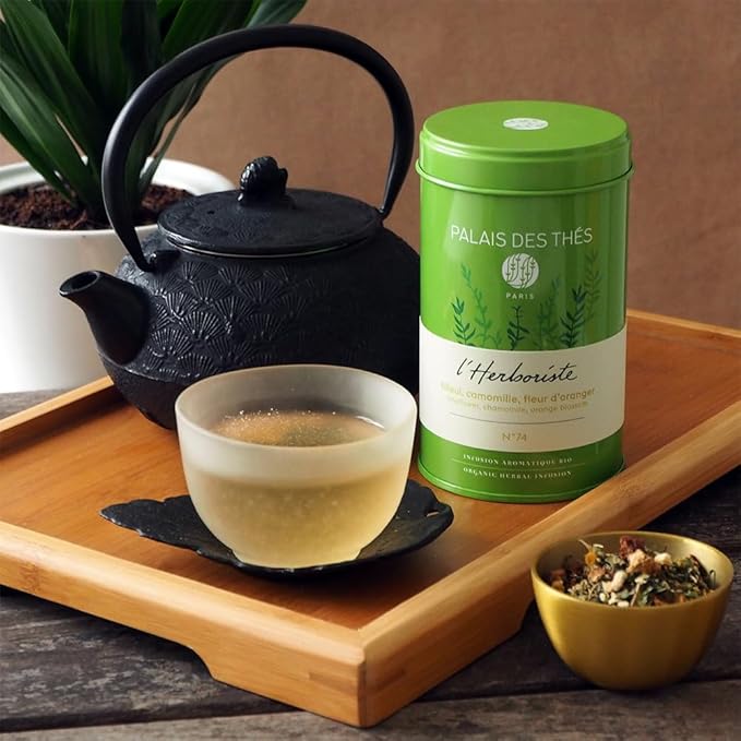 Palais des Thés Caffeine-Free Tea - L'Herboriste N∞74 Organic Calming Herbal Blend with Limeflower Chamomile &amp Orange Blossom - Premium Loose Leaf Tea 2.5oz Tin
