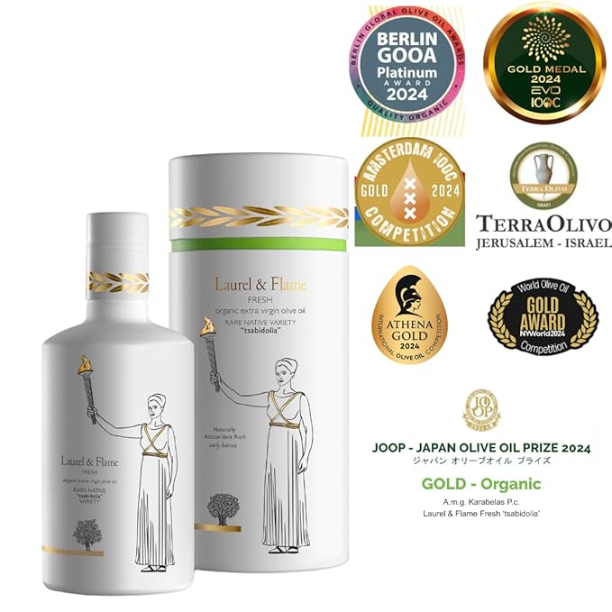 Laurel &amp Flame Fresh - Extra Virgin Olive Oil - Best Greek Olive Oil Award - Cold Pressed - Polyphenol Rich (1212 MG/KG) - USDA-Organic - 90X Hydroxytyrosol Polyphenols - Early Harvest - Single