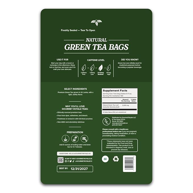 Gourmet Royale Green Tea Bags 100 Count Sustainable Tea Bags Caffeinated Resealable Pouch Pure &amp Natural Grown in Sri Lanka (Pack of 1)