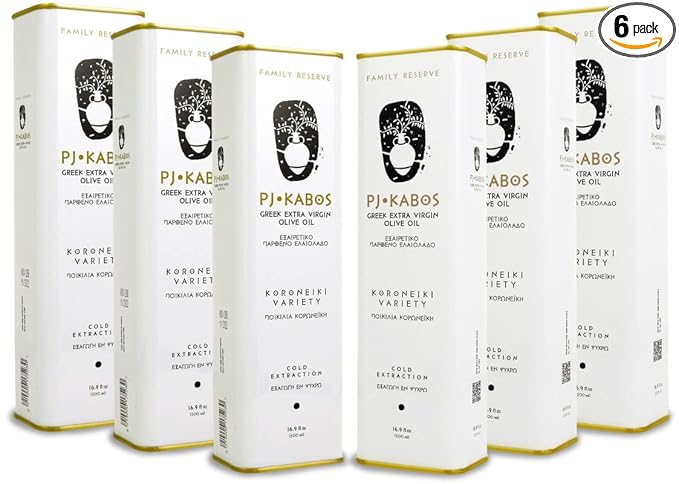 P.J. KABOS Fresh 2025/26 Harvest High Phenolic (400+mg/kg) Natural Greek Extra Virgin Olive Oil Kosher Greece Cold Extracted 16.9 oz Tin Koroneiki Family Reserve -Medium (6-Pack)