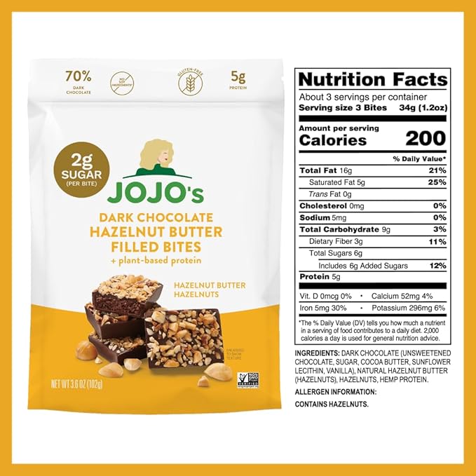 JOJO's Dark Chocolate Hazelnut Filled Healthy Snack Low Sugar Low Carb Gluten Free Paleo &amp Keto Friendly Made with Plant Based Hemp Protein Vegan (4 Count)