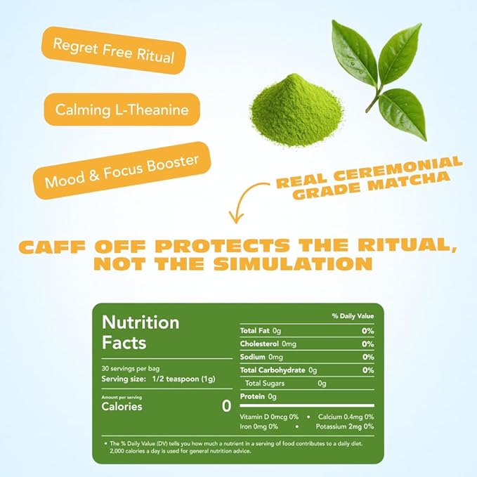 Caff Off Decaf Mango Matcha Green Tea Powder From Japan – 1.06 oz / 30 g – Ceremonial Grade &amp Sugar-Free - No Fillers or Milk Powders – Naturally Decaffeinated Without Chemicals – Tested for Heavy