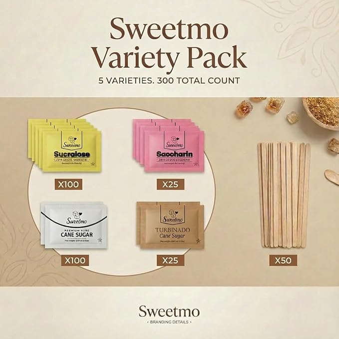 Sweetmo Sugar Packets Variety Pack - Sucralose Raw Sugar Saccharin Cane Sugar with Wooden Stirrers - 300 Count for Coffee Tea Office Breakrooms Home &amp Airbnb