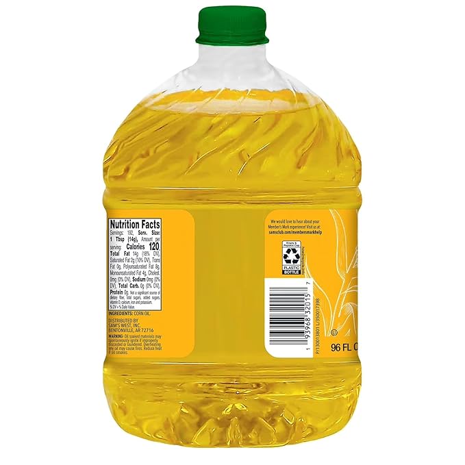 Member Marks Pure Corn Oil 96 fl oz Bulk Bottle – Cholesterol-Free Cooking Oil High Smoke Point for Frying Baking and Sautéing 100% All Natural