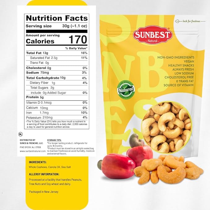 Sunbest Natural Whole Roasted Salted Cashews – 3 lb Bulk Bag (48 oz) – Non-GMO Vegan &amp Crunchy – Kosher Certified Gluten-Free – Perfect for Snacking Topping &amp Baking