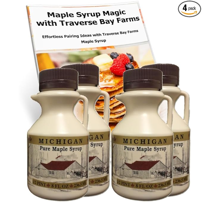 Traverse Bay Farms 100% Pure Maple Syrup – 4 Bottles – Grade A Amber Rich Taste – Small Batch Gluten-Free All Natural Made in Michigan – Value Pack (4 Bottles w/Book)