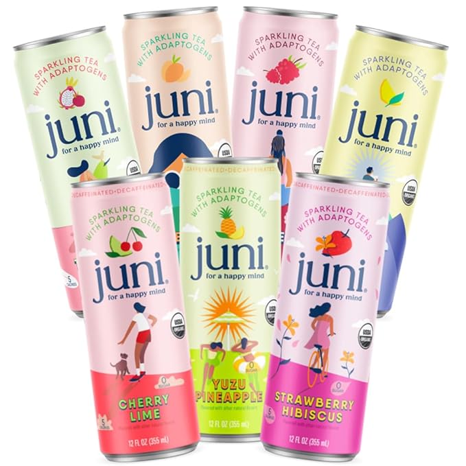 Juni Sparkling Adaptogen Drink for Mood and Focus with Ashwagandha Lion's Mane &amp Reishi Mushrooms Green Tea Caffeine All Flavors 24-Pack