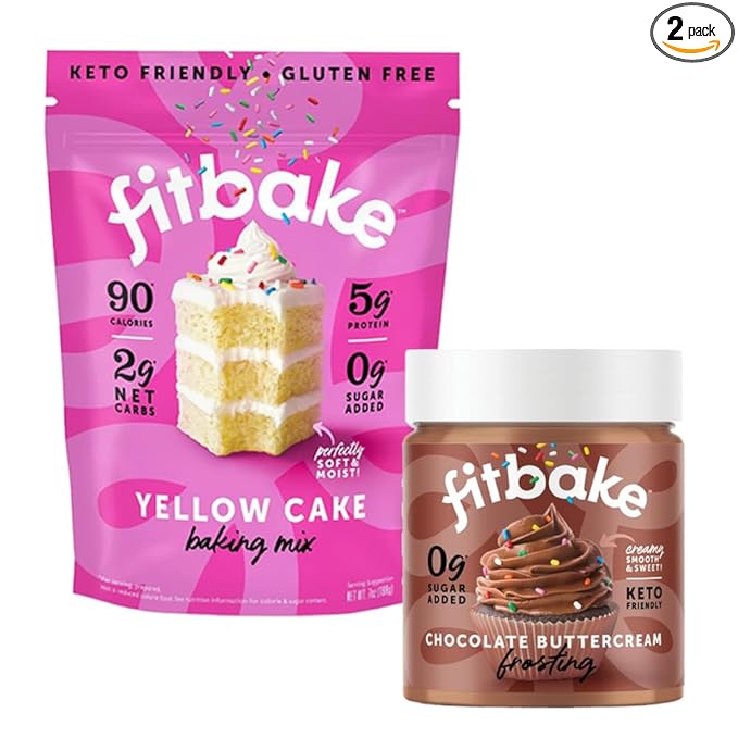 FitBake Yellow Cake Baking Mix and Chocolate Frosting | 0g to 2g Net Carbs Per Serving | Keto Friendly Low Carb Food | Naturally Sweetened Keto Snacks | Gluten Free Desserts | No Added Sugar