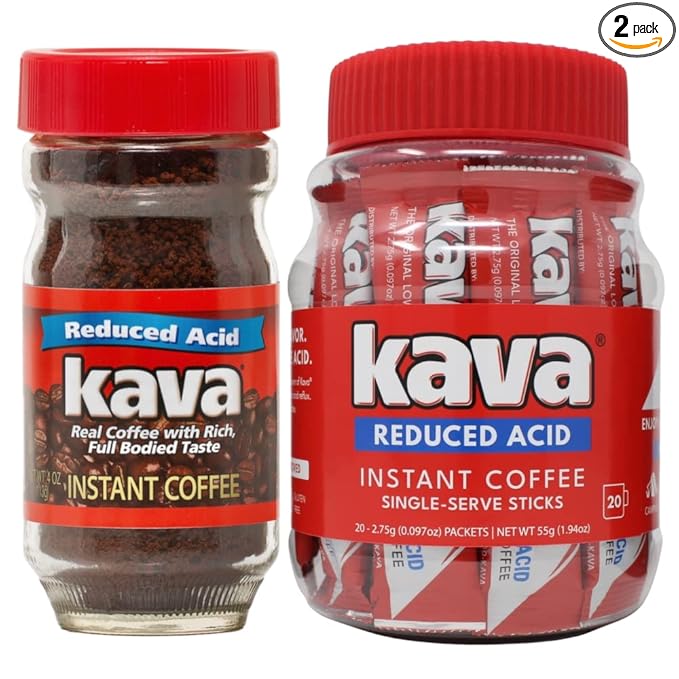 Kava Low Acid Instant Coffee Gift Set 4 Ounce Glass Jar &amp 20 Single Serve Stick Packets for On-The-Go &amp Travel