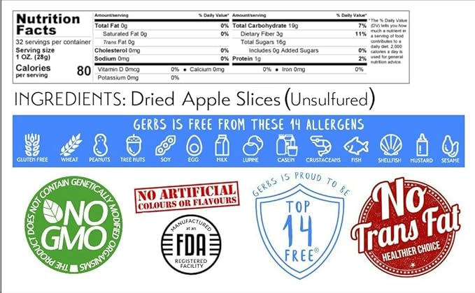 Gerbs Dried New England Apple Slices – 2 LBS. - No Sugar Added Unsulfured &amp Preservative Free - Top 14 Allergy Free &amp NON GMO - Grown in USA