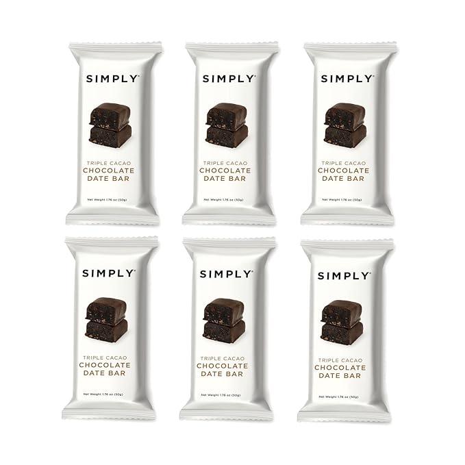 SIMPLY GUM Chocolate Date Bars | Triple Cacao | Fair Trade Chocolate | Vegan + Kosher + Non-GMO (Pack of 6 Bars)