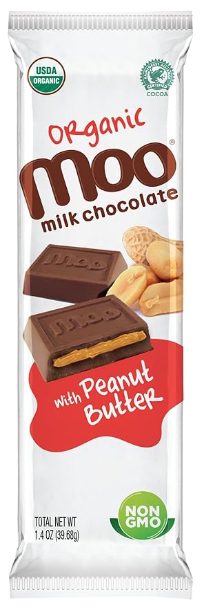 Moo Chocolates Organic Milk Chocolate Large Bars with Peanut Butter 1.4 oz 14 ct (Pack of 1) | USDA Organic Non-GMO | 110 Calorie Snacks for On-the-Go Lunchboxes Office